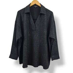 Papermoon Blouse 2X Black Long Sleeve Top Subtile Animal Print Lightweight Work